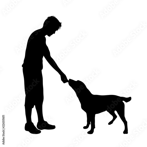 Vector silhouette of man with dog white background.