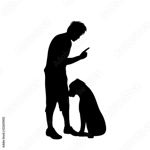 Vector silhouette of man with dog white background.