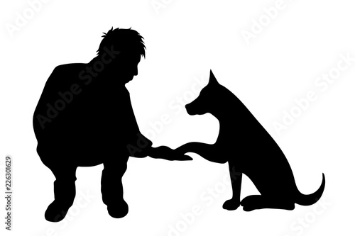 Vector silhouette of man with dog white background.