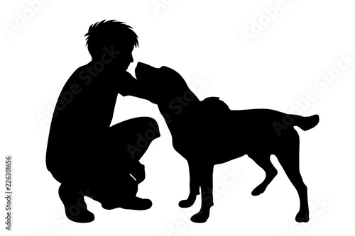 Vector silhouette of man with dog white background.
