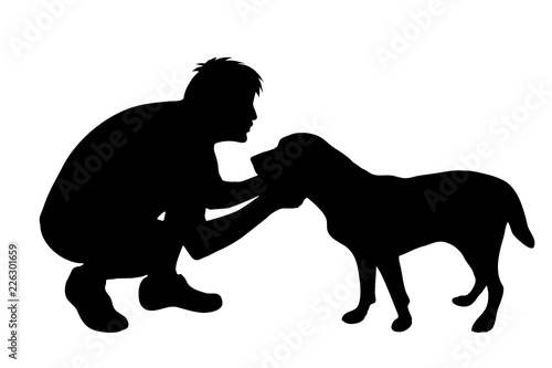 Vector silhouette of man with dog white background.