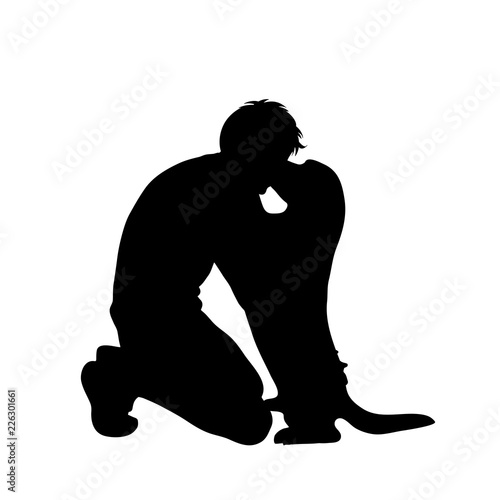 Vector silhouette of man with dog white background.