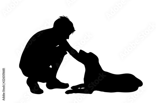 Vector silhouette of man with dog white background.