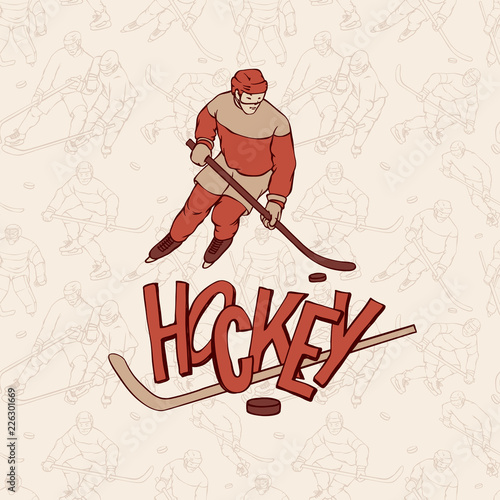Vector hockey player and seamless pattern background. Retro outline illustration vintage sportsman and inscription letters.