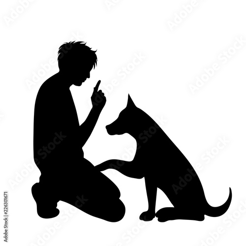Vector silhouette of man with dog white background.