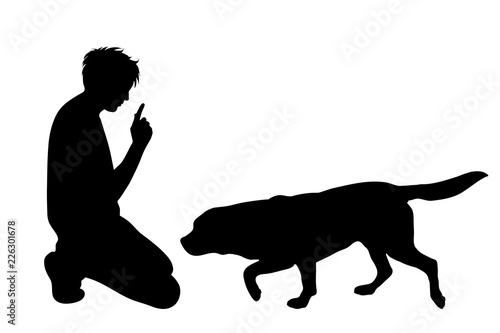 Vector silhouette of man with dog white background.