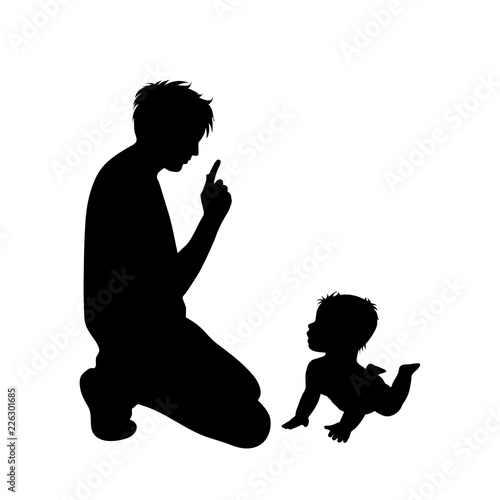 Vector silhouette of father with baby on white background.
