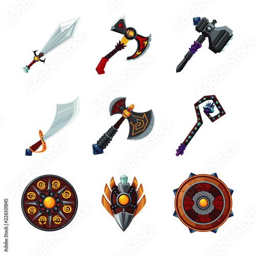 Set of magic wepon isolated on white backgroung. Fantasy game design icon set.