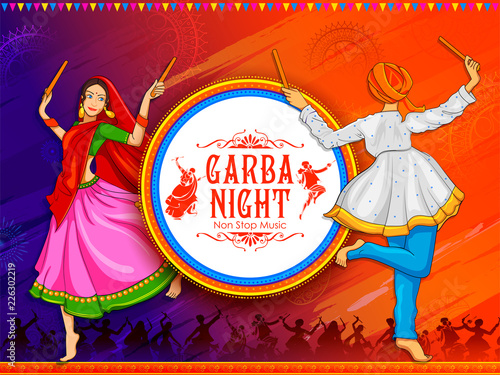Couple playing Dandiya in disco Garba Night poster for Navratri Dussehra festival of India