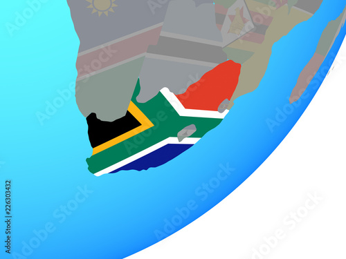 South Africa with embedded national flag on blue political globe.
