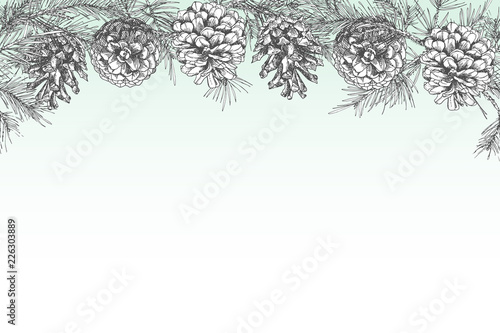Festivev background template with seamless pattern realistic botanical ink sketch of fir tree branches with pine cone in black and white colors isolated on white. Vector illustrations