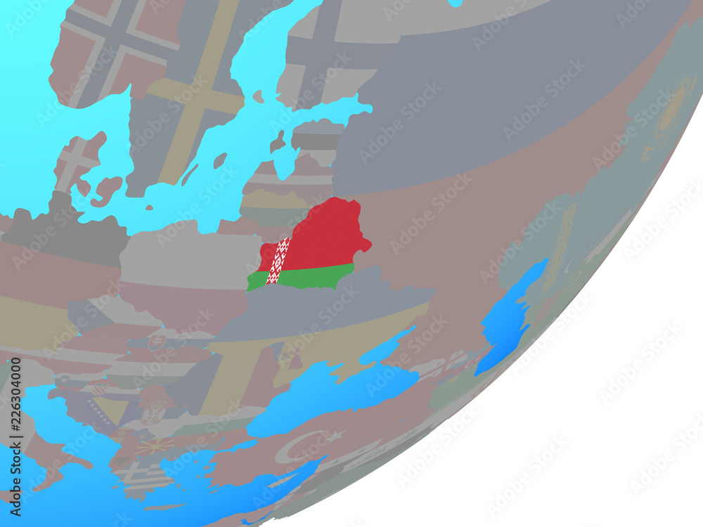 Belarus with embedded national flag on blue political globe. Belarus with embedded national flag on blue political globe.
