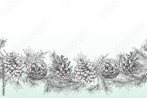 Festivev background template with seamless pattern realistic botanical ink sketch of fir tree branches with pine cone in black and white colors isolated on white. Vector illustrations