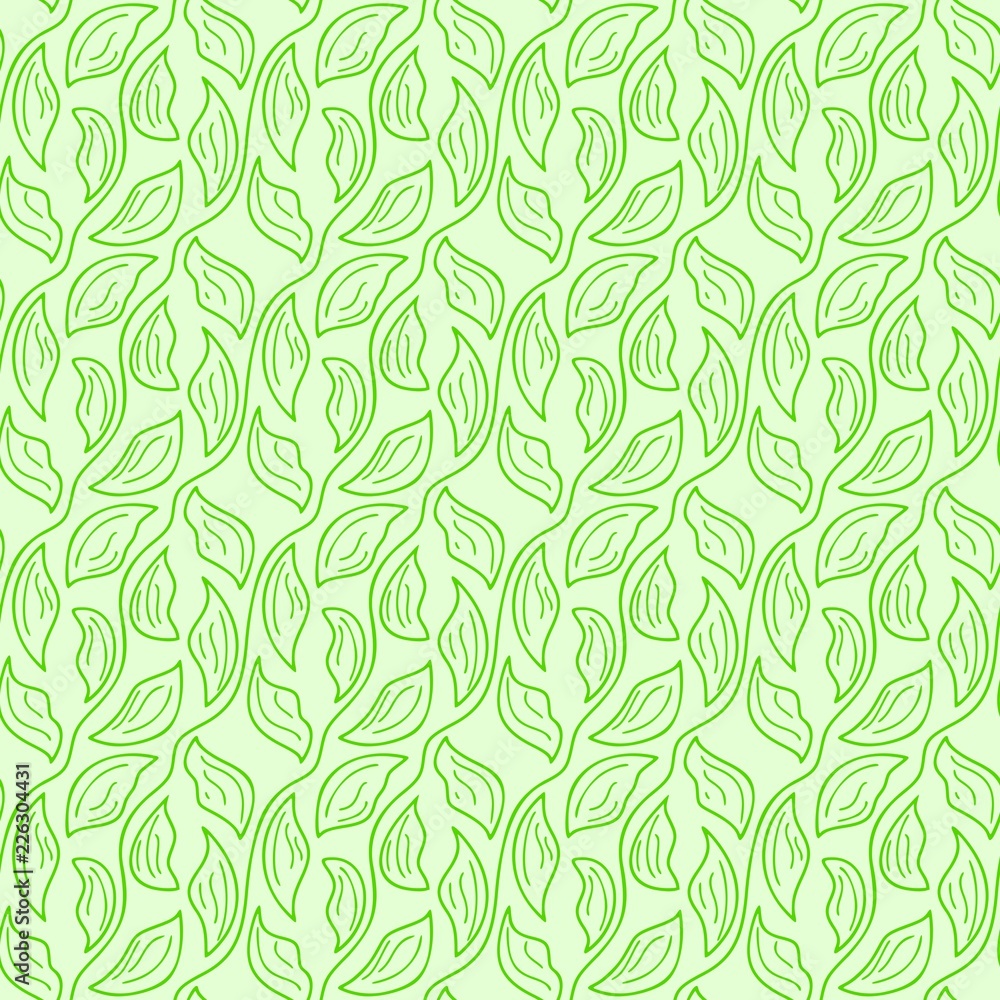 Seamless pattern of green line and leafs, continuous waves, curves on the lime background, vector print for wallpaper, wrapping, textile, floral, leaves