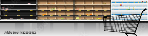 Interior scene of modern supermarket with empty shelves and shopping cart , vector , illustration