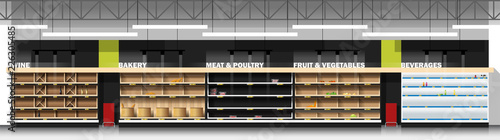 Interior scene of modern supermarket with empty shelves , vector , illustration