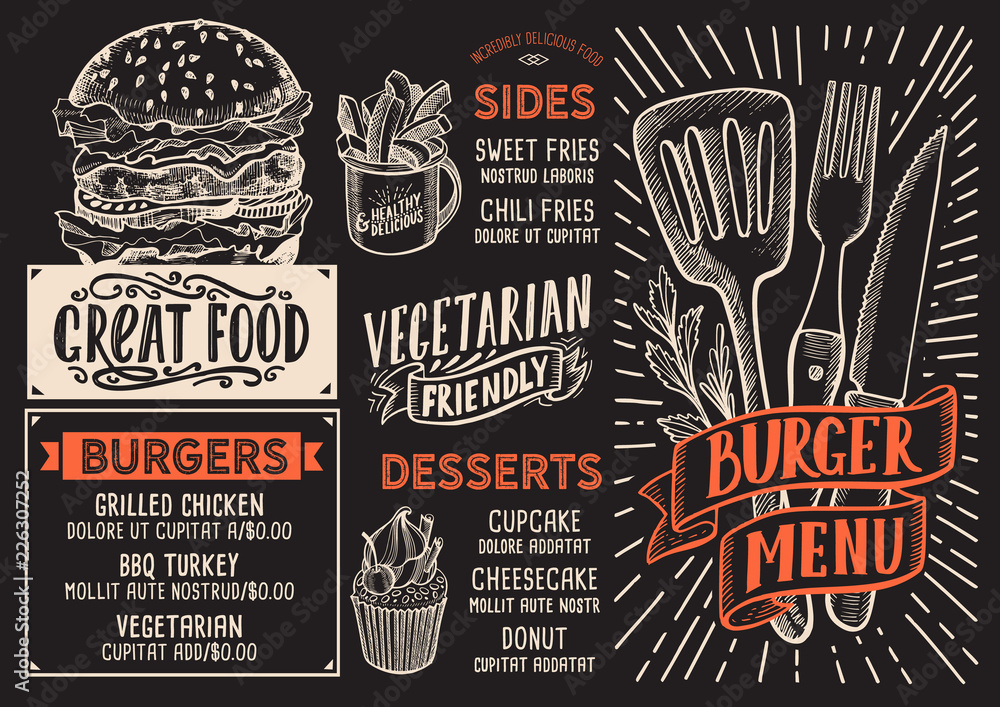 Fototapeta premium Burger menu food template for restaurant with doodle hand-drawn graphic.