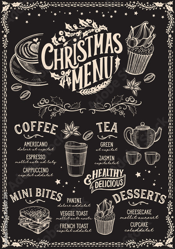 Christmas menu template for coffee shop on blackboard.