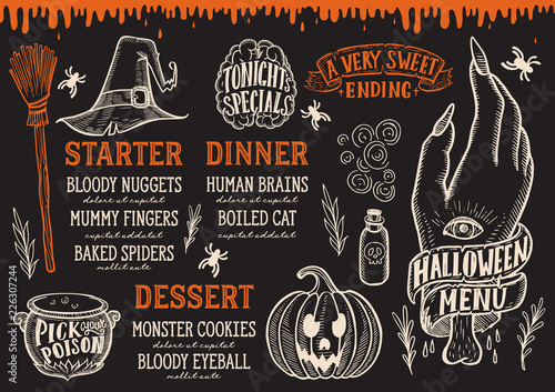 Halloween food menu on a chalkboard.