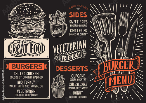 Burger menu food template for restaurant with doodle hand-drawn graphic.
