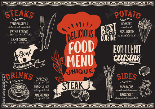 Steak food menu template for restaurant with chefs hat lettering.