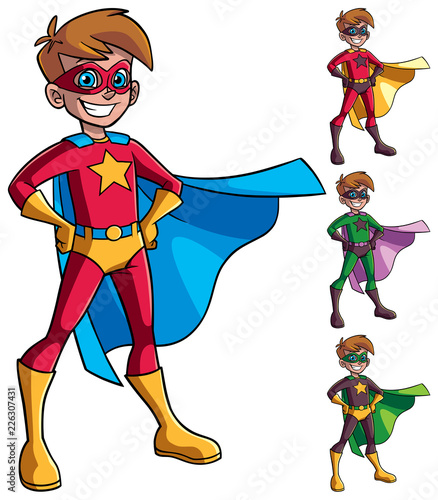 Full length illustration of superhero boy smiling happy while wearing cape and superhero costume.

