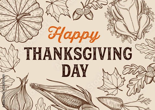 Happy thanksgiving day background with lettering and illustrations.