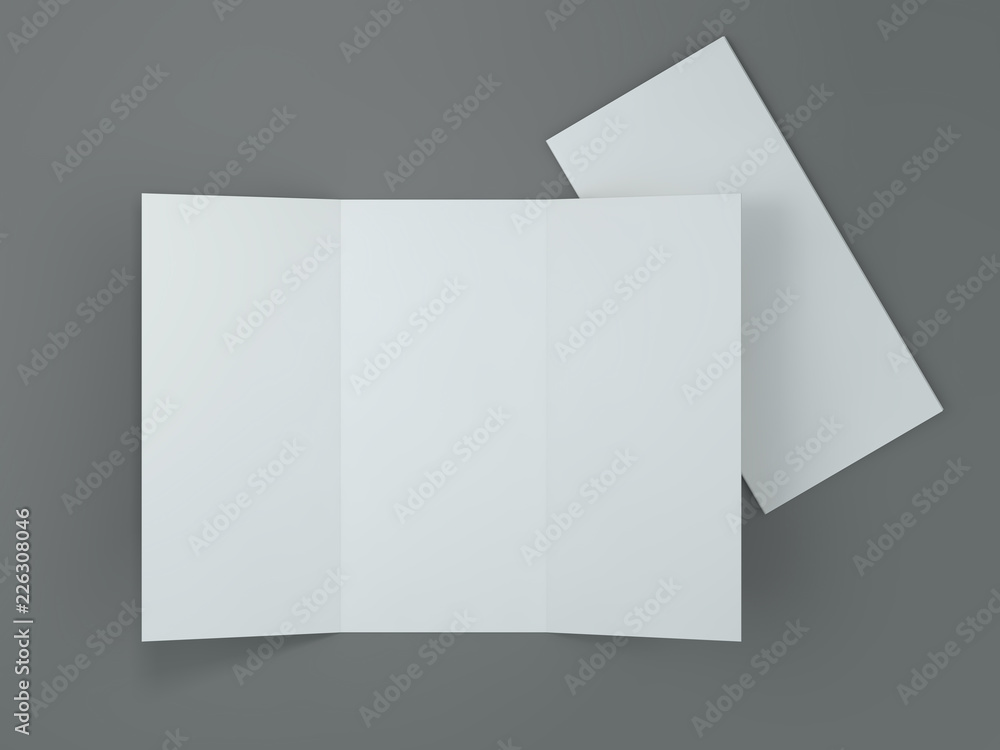 White template leaflet on gray background. Mockup. 3D render White template leaflet on gray background. Mockup. 3D render