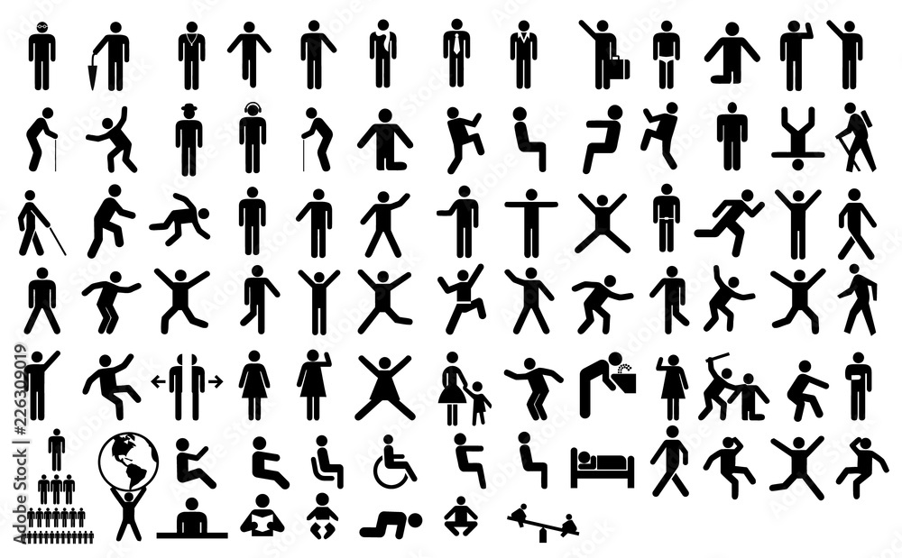 Big set people action pictogram. Black illustration - obrazy, fototapety, plakaty 