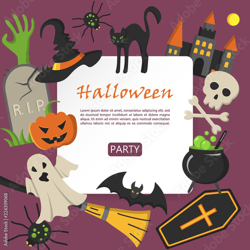 Halloween Banner. Halloween colorfull Icons on background. Trick or Treat Simbols. Scary party invitation. Place for your text message. Vector Flat Illustration.