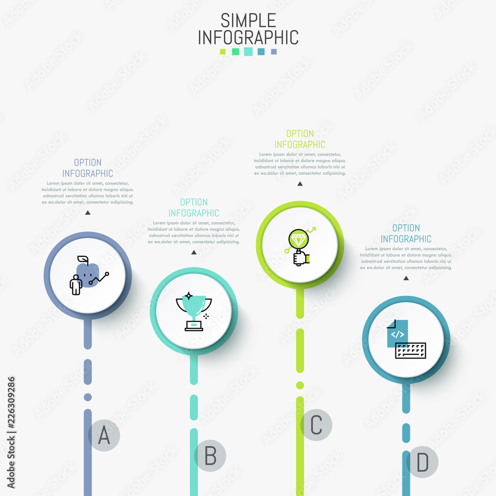 Minimalist infographic design layout. Four separated round lettered elements containing icons inside and connected with text boxes by arrows. Vector illustration for banner, presentation, website.