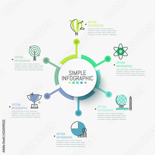 Simple infographic design template. Circular element in center connected with 6 pictograms and text boxes. Six steps to obtain financial advantage concept. Vector illustration for report, website.