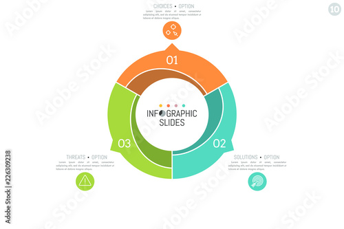 Modern infographic design template. Ring divided into 3 colorful elements with arrows pointing at text boxes and pictograms. Three simple solutions to complex problem concept. Vector illustration.