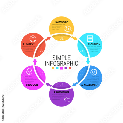 Modern infographic design template. Simple circular diagram with 6 successively connected round elements. Six steps to product release concept. Vector illustration for report, presentation, website.