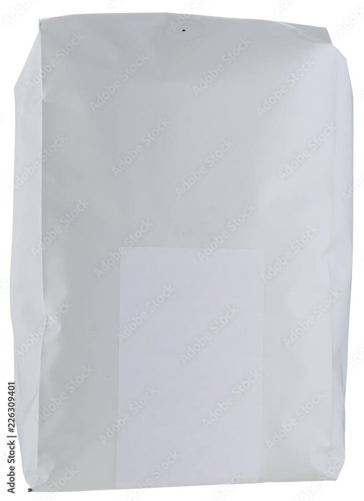 White paper coffee package with blank white sticker isolated on white. White paper coffee package with blank white sticker isolated on white.