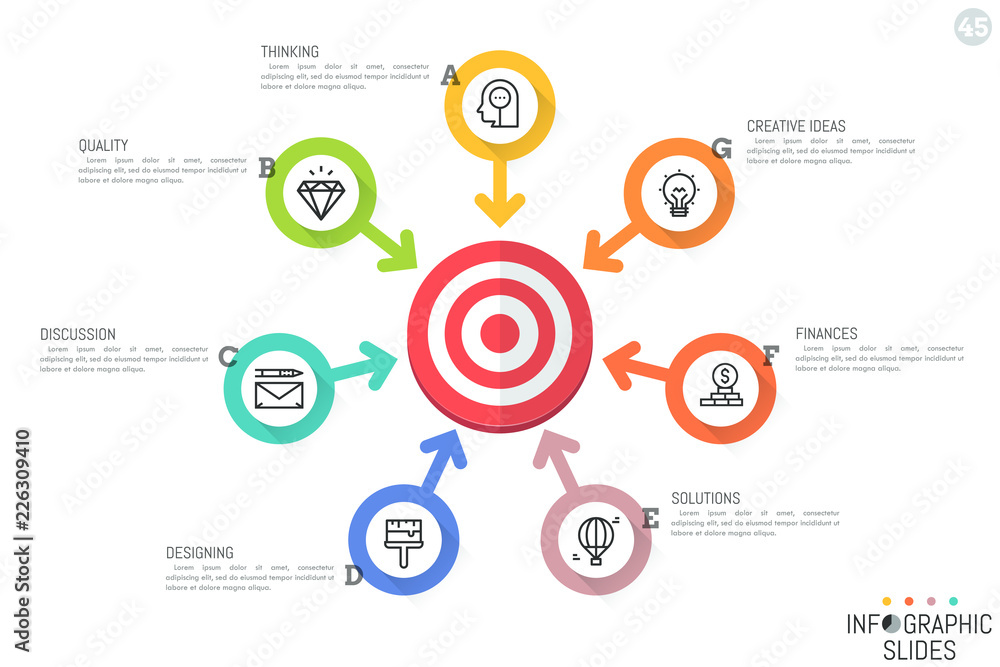 Fototapeta premium Infographic design template. Circular chart with 7 round lettered elements, pictograms, text boxes and arrows pointing at target. Seven features of successful company concept. Vector illustration.