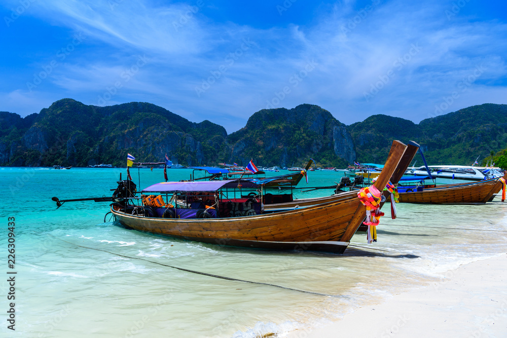 Long tail boats on tropical beach, Phi Phi Don island, Andaman s