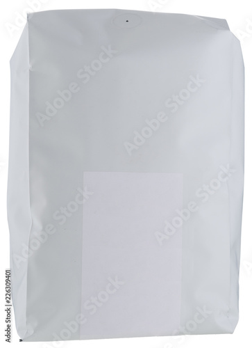 White paper coffee package with blank white sticker isolated on white.