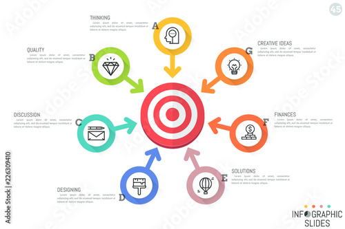 Infographic design template. Circular chart with 7 round lettered elements, pictograms, text boxes and arrows pointing at target. Seven features of successful company concept. Vector illustration.