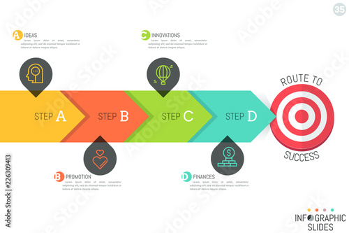 Minimalistic infographic design layout. Horizontal arrow consisted of 4 lettered elements and pointing at target. Targeting, goal achievement strategy concept. Vector illustration for presentation.