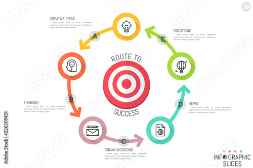 Infographic design template. Round chart with target surrounded by five circular multicolored elements connected by arrows, linear pictograms and text boxes. Vector illustration for presentation, ad.