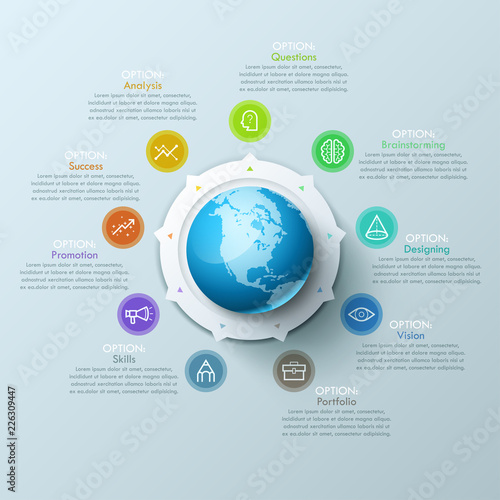Beautiful infographic design layout with sphere in center, 9 arrows pointing at line symbols and text boxes. Nine qualities of international design company concept. Vector illustration for website.