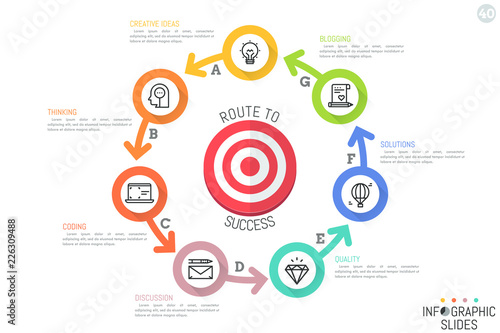 Minimal infographic design layout. Circular chart with 7 colored circles successively connected by arrows and located around target symbol. Seven features of business functioning. Vector illustration.