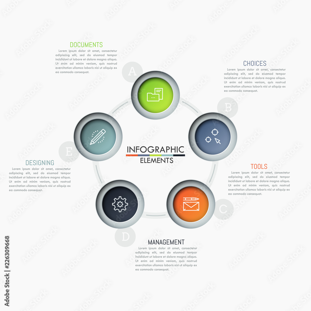 Round chart with 5 connected circular elements, linear icons and text boxes. Five features of successful startup concept. Creative infographic design layout. Vector illustration for presentation. Round chart with 5 connected circular elements, linear icons and text boxes. Five features of successful startup concept. Creative infographic design layout. Vector illustration for presentation.