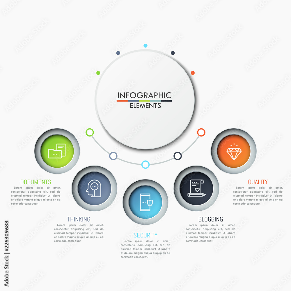Five separate circular elements with icons and text boxes placed in semicircle way. Features of mobile security concept. Creative infographic design template. Vector illustration for website, banner. Five separate circular elements with icons and text boxes placed in semicircle way. Features of mobile security concept. Creative infographic design template. Vector illustration for website, banner.