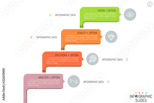 Four colorful rounded rectangles with pictograms and text boxes. Steps of business project development concept. Simple infographic design template. Vector illustration for brochure, website, report.