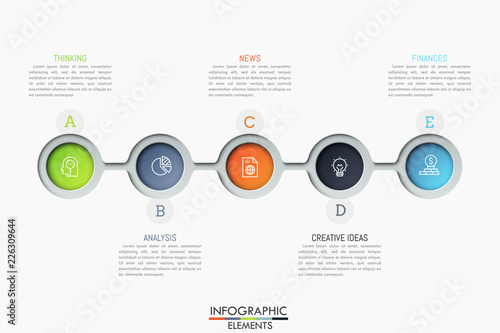 Five connected circular elements with pictograms inside and text boxes. Successive steps to revenue growth. Modern infographic design template. Vector illustration for website, presentation, report.