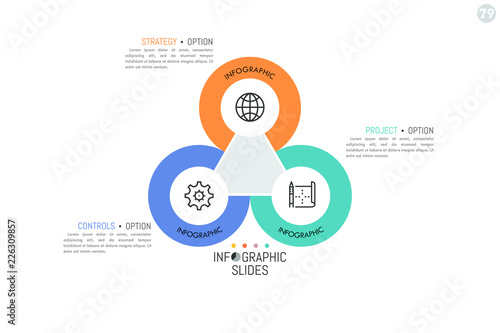 Three circles with thin line icons inside placed around central triangular element. Important features of project control concept. Simple infographic design layout. Vector illustration for report.