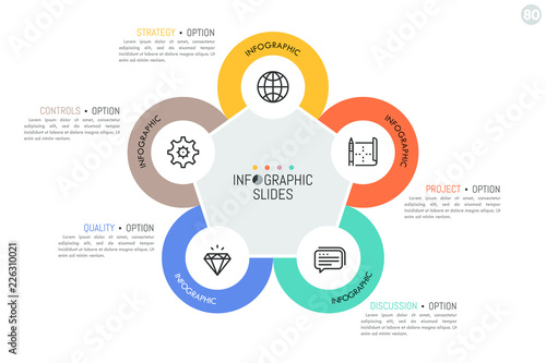 Five round elements with linear symbols inside located around pentagon. Main features of strategic management model concept. Minimal infographic design template. Vector illustration for presentation.