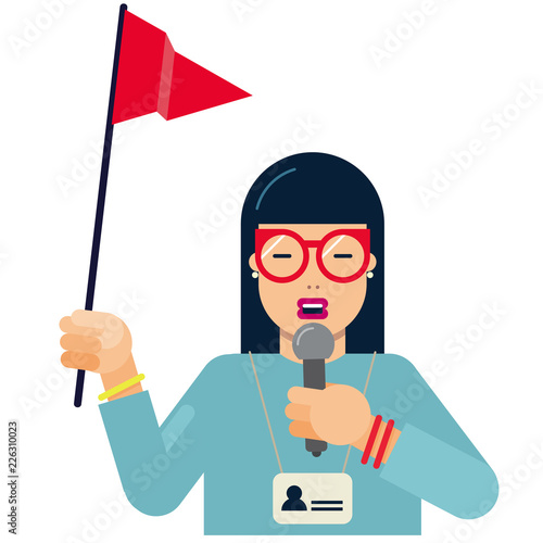 tourist guide flat icon character with red flag